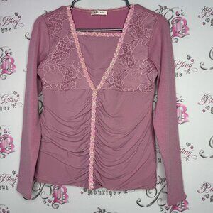 Garlvin blouse long sleeve floral lace cinch sequins stretchy rose blush pink